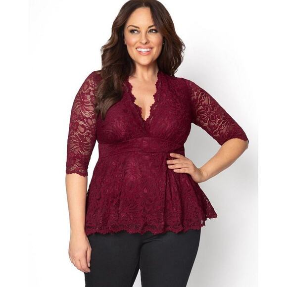 Kiyonna Top Linden Lace Style Red Pinot Noir 3X Empire Waist Lined Feminine - Picture 1 of 11